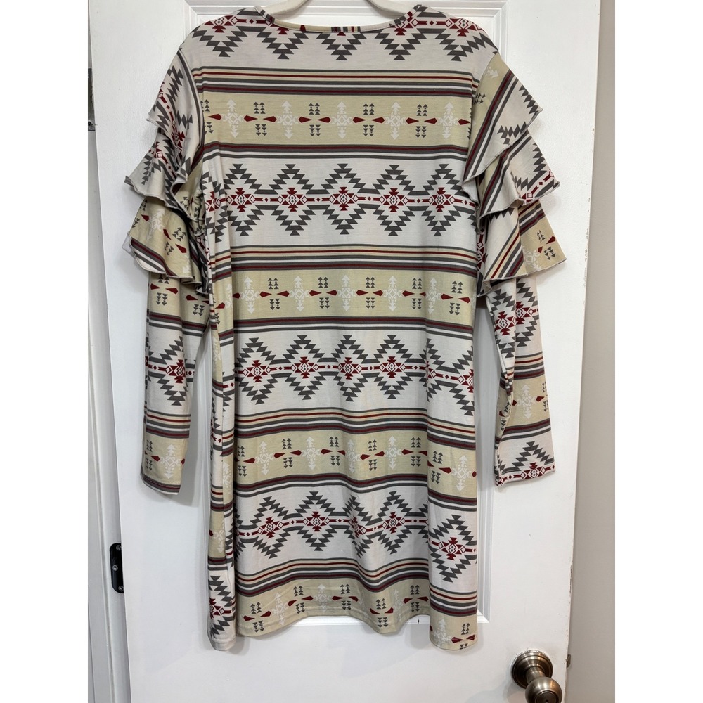 Simply Southern Southwestern Ruffle Sleeve Dress Cream Gray Red Large Boho - Picture 4 of 8